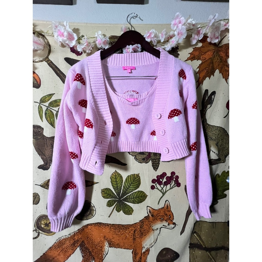 Sugar Thrillz Cardigan Set Womens XS Pink Excellent Mushroom Knit 2pc Crop